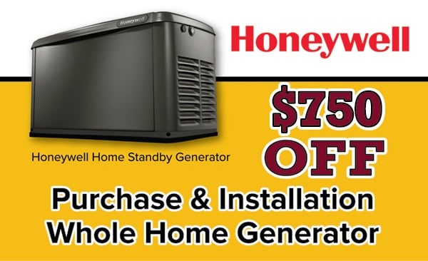 Image showing a Honeywell home standby generator with text: "$750 off purchase & installation whole home generator.
