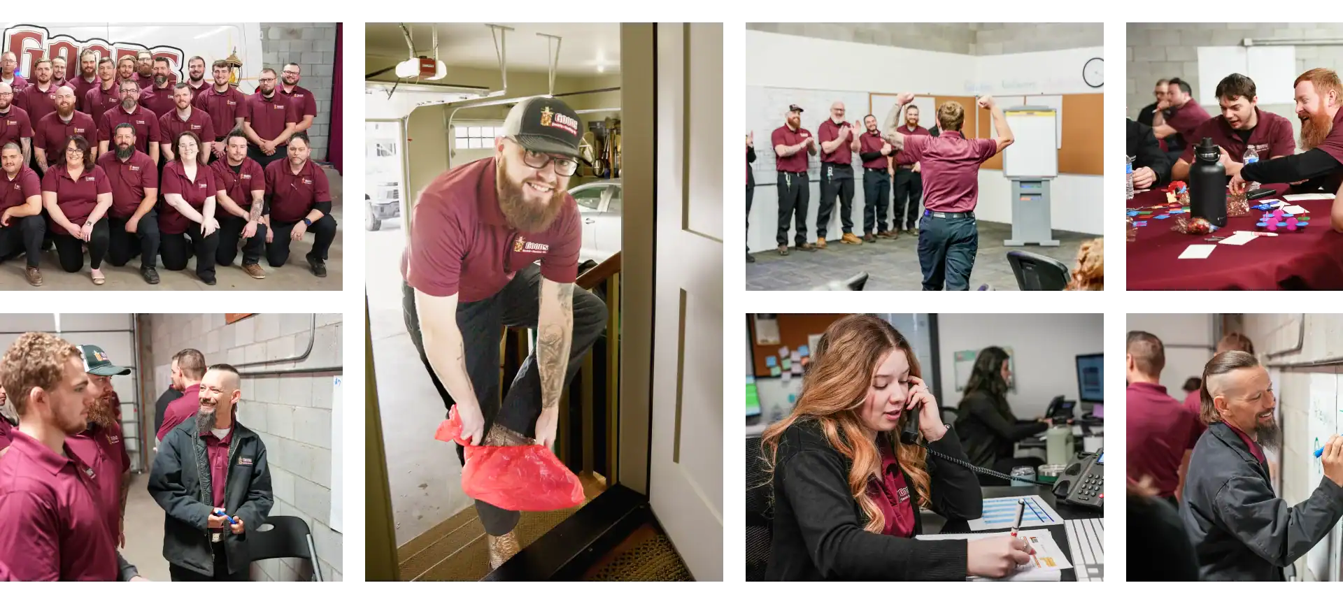 A collage shows people in matching maroon shirts participating in group activities, working at desks, making phone calls, and standing together for a group photo.