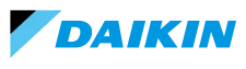 Daikin logo with bold blue capital letters and a blue geometric shape on the left.
