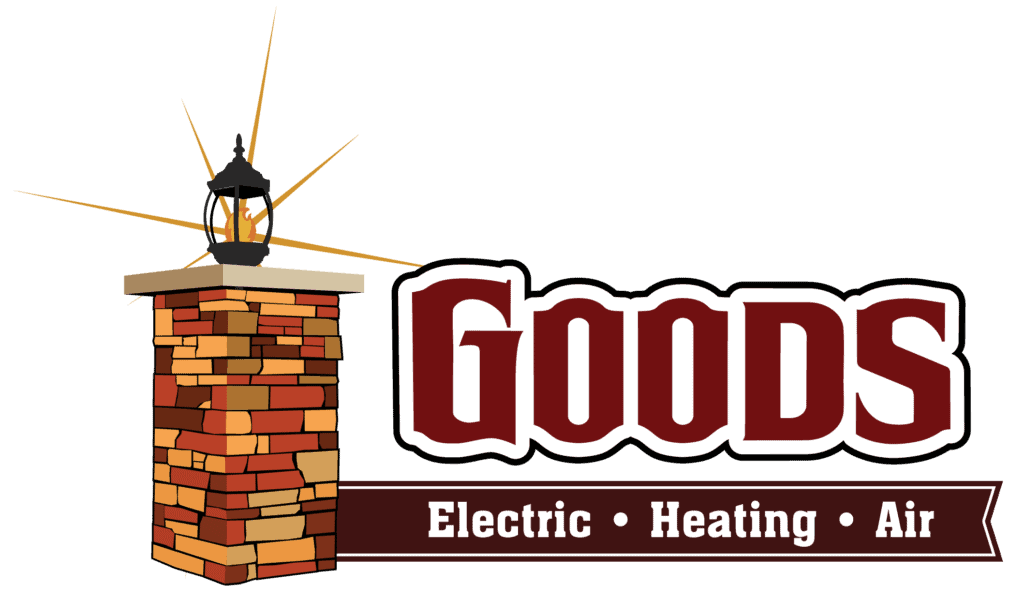 Logo for Goods Electric Heating Air, featuring a brick pillar with a lantern on top and the company name beside it.