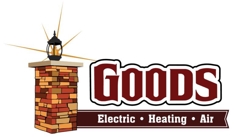Logo for Goods Electric Heating Air, featuring a brick pillar with a lantern on top and the company name beside it.