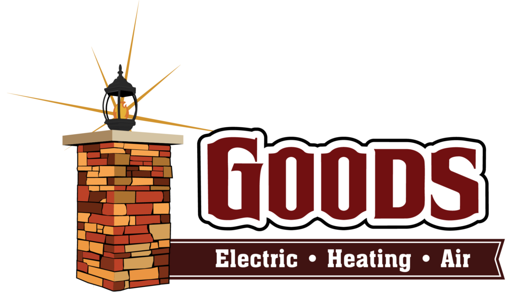 A logo with a brick pillar topped by a lantern and the words “Goods Electric Heating Air” in bold maroon and white text.
