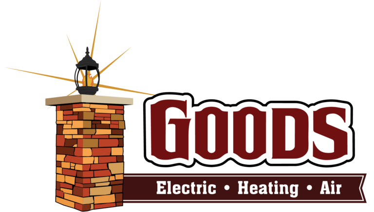 A logo with a brick pillar topped by a lantern and the words “Goods Electric Heating Air” in bold maroon and white text.