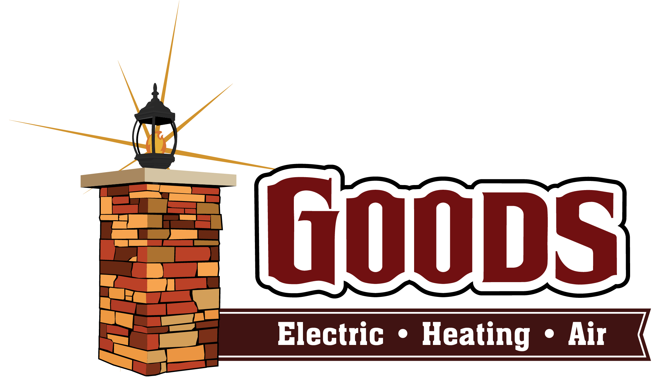 A logo with a brick pillar topped by a lantern and the words “Goods Electric Heating Air” in bold maroon and white text.