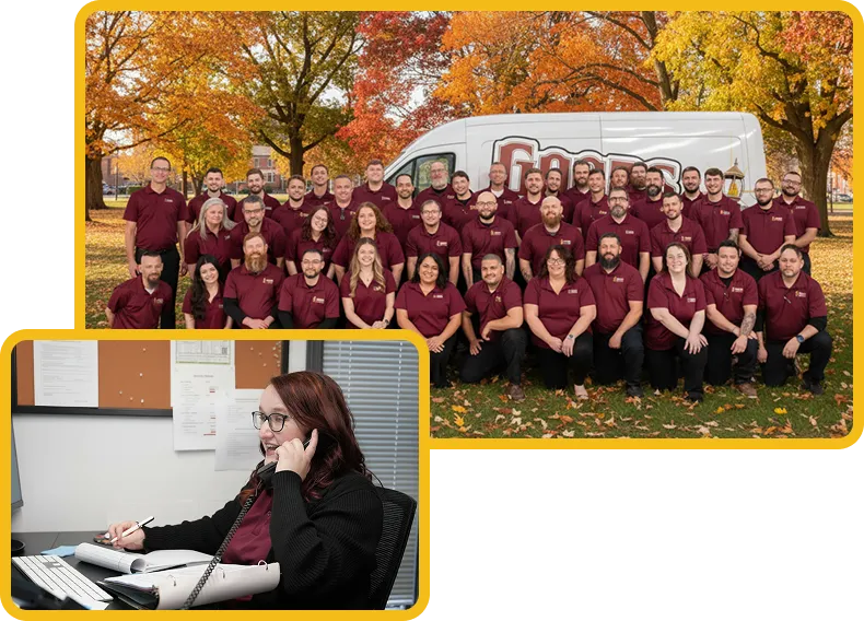 A large group of people in matching maroon shirts pose outdoors in front of a van; a woman sits at a desk talking on the phone in an office.
