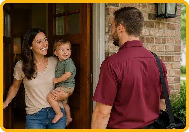 Woman holding a toddler opens the front door and smiles at a man in a maroon shirt standing outside with a shoulder bag.
