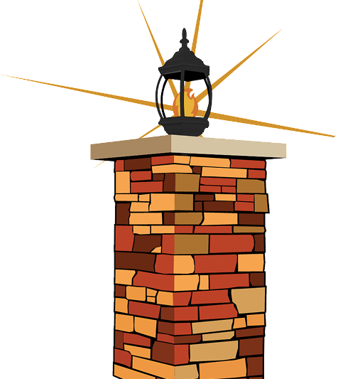 Illustration of a brick and stone pillar topped with a lit black lantern, emitting yellow light rays from the flame inside.